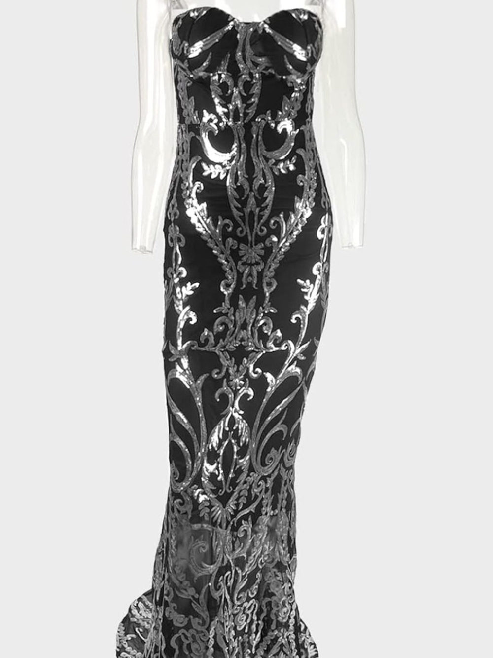 Source Unknown Black Strapless Gown with Silver Scroll Sequin Embellishment